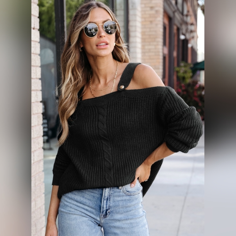 Cupshe Ribbed Open-Shoulder Sweater- In Onyx - Picture 6 of 11